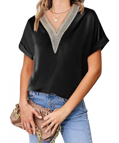 Satin Short Sleeve Blouse for Women Lace Trim V Neck Silk Tops Summer Casual T Shirt Black $9.89 Blouses