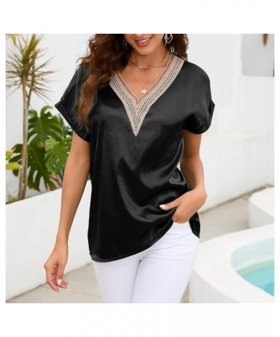 Satin Short Sleeve Blouse for Women Lace Trim V Neck Silk Tops Summer Casual T Shirt Black $9.89 Blouses