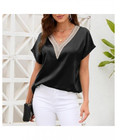 Satin Short Sleeve Blouse for Women Lace Trim V Neck Silk Tops Summer Casual T Shirt Black $9.89 Blouses