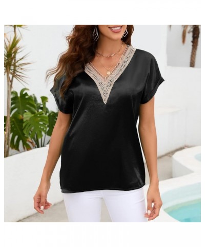 Satin Short Sleeve Blouse for Women Lace Trim V Neck Silk Tops Summer Casual T Shirt Black $9.89 Blouses