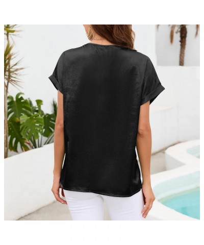 Satin Short Sleeve Blouse for Women Lace Trim V Neck Silk Tops Summer Casual T Shirt Black $9.89 Blouses