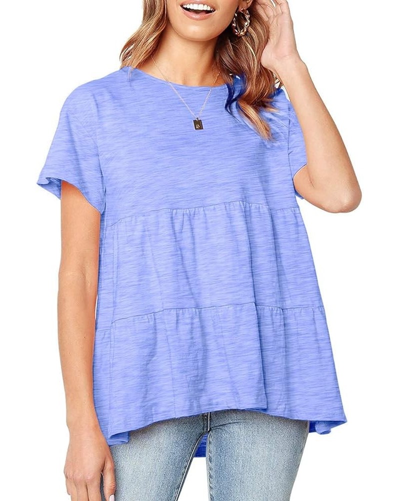 Women's Peplum Tops Summer Short Sleeve Ruffle Loose Shirt Blouse Light Blue $13.49 Blouses