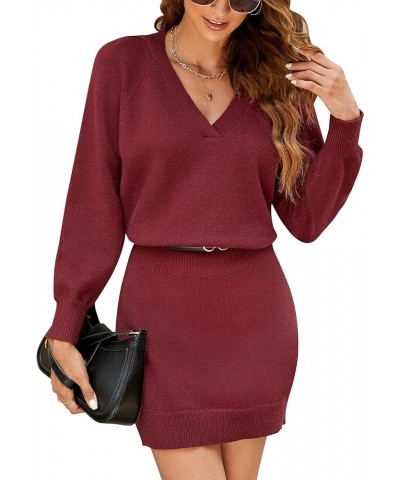 Womens Sweater Dress Long Sleeve V Neck 2023 Fall Dress Knit Bodycon Mini Dresses Red $21.27 Sweaters