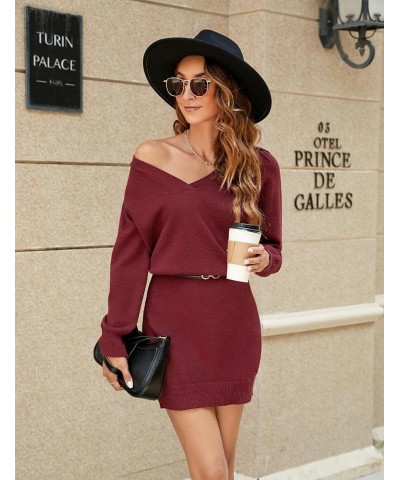 Womens Sweater Dress Long Sleeve V Neck 2023 Fall Dress Knit Bodycon Mini Dresses Red $21.27 Sweaters