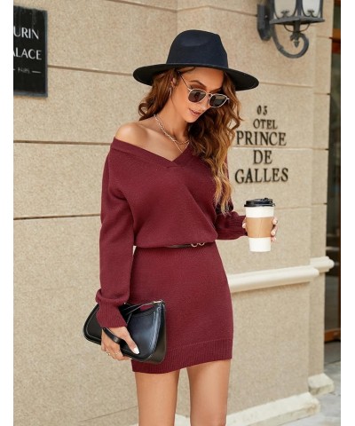 Womens Sweater Dress Long Sleeve V Neck 2023 Fall Dress Knit Bodycon Mini Dresses Red $21.27 Sweaters