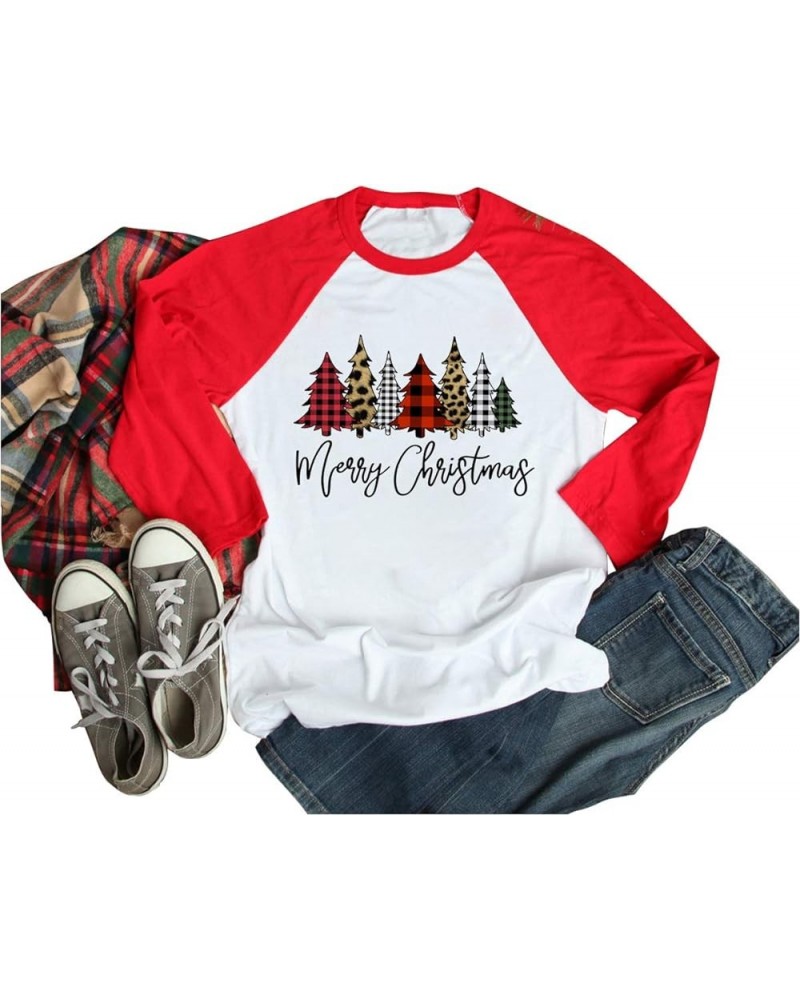 Merry Christmas Tree Shirts for Women 3/4 Sleeve Raglan Baseball Tee Funny Festival Tops Red1 $10.25 T-Shirts