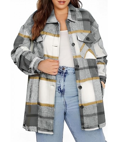 Womens Plus Size Long Sleeve Button Down Boyfriend Shirts Casual Plaid Shacket Jacket Coats(1X-5X) Gray 1011 $22.50 Tops