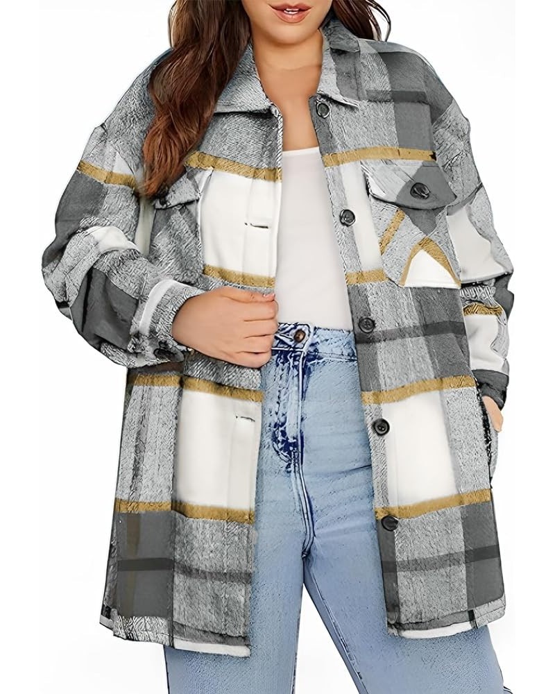 Womens Plus Size Long Sleeve Button Down Boyfriend Shirts Casual Plaid Shacket Jacket Coats(1X-5X) Gray 1011 $22.50 Tops