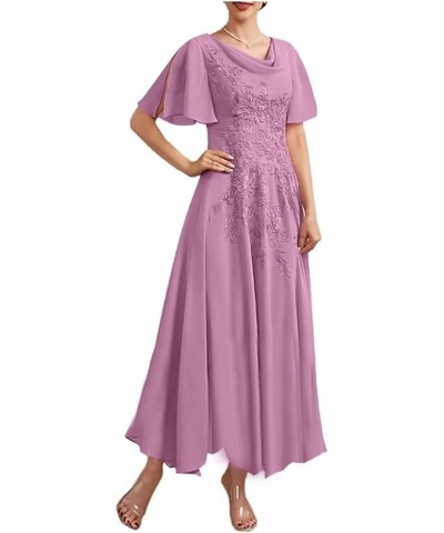 Lace Applique Chiffon Mother of The Bride Dress for Wedding Short Sleeves Evening Formal Gown MM231 A-dusty Rose $33.18 Dresses