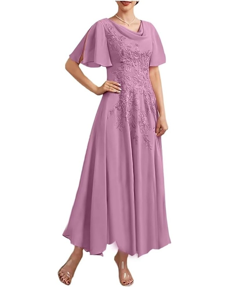 Lace Applique Chiffon Mother of The Bride Dress for Wedding Short Sleeves Evening Formal Gown MM231 A-dusty Rose $33.18 Dresses