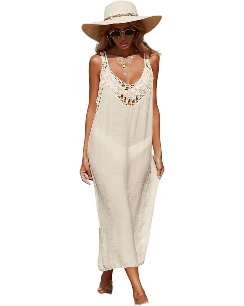 Women's Crochet Mesh Sheer V Neck Sleeveless Swimsuit Cover Up Dress Apricot $14.26 Swimsuits