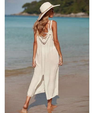 Women's Crochet Mesh Sheer V Neck Sleeveless Swimsuit Cover Up Dress Apricot $14.26 Swimsuits