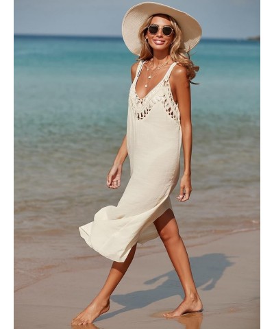 Women's Crochet Mesh Sheer V Neck Sleeveless Swimsuit Cover Up Dress Apricot $14.26 Swimsuits