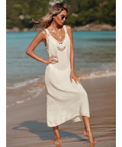 Women's Crochet Mesh Sheer V Neck Sleeveless Swimsuit Cover Up Dress Apricot $14.26 Swimsuits