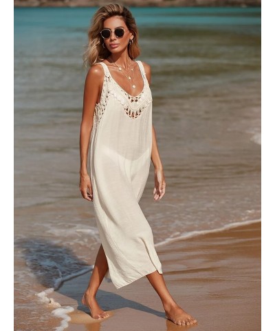 Women's Crochet Mesh Sheer V Neck Sleeveless Swimsuit Cover Up Dress Apricot $14.26 Swimsuits