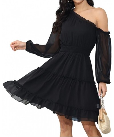 Women's One Shoulder Floral Dress Smocked Waist Tiered Ruffle Hem Aline Swing Flowy Casual Mini Dresses Pure Black $14.24 Dre...