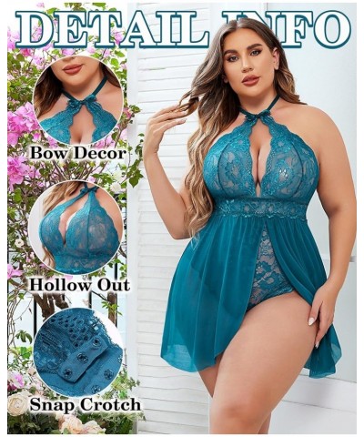 Plus Size Babydoll Lingerie for Women Lace Snap Crotch Nighty With Choker Nightwear Mesh Sleepwear L~4XL Blue Green $14.84 Li...