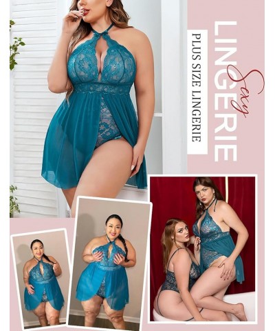 Plus Size Babydoll Lingerie for Women Lace Snap Crotch Nighty With Choker Nightwear Mesh Sleepwear L~4XL Blue Green $14.84 Li...