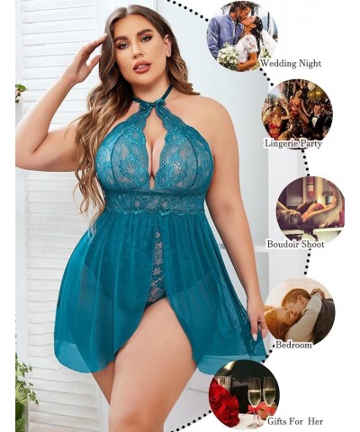 Plus Size Babydoll Lingerie for Women Lace Snap Crotch Nighty With Choker Nightwear Mesh Sleepwear L~4XL Blue Green $14.84 Li...