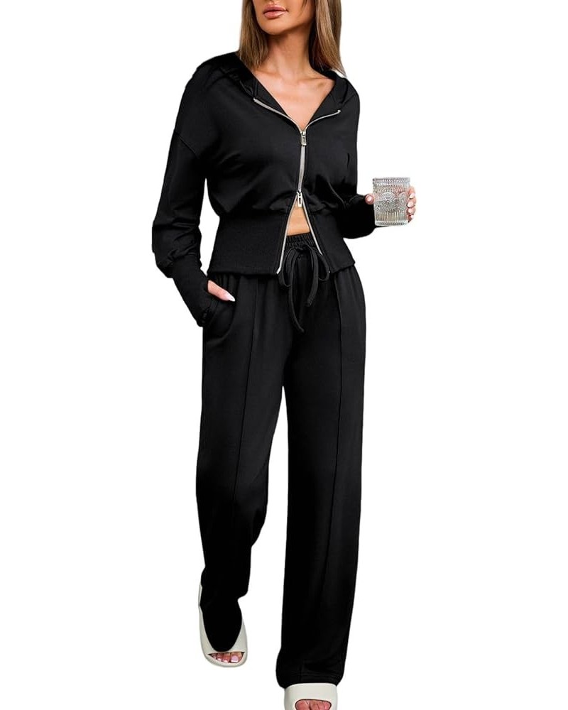 Womens 2 Piece Casual Outfit Workout Hoodie Sweatsuits with Sweatpant Travel Airport Track Suits Lounge Sets Black $21.55 Act...