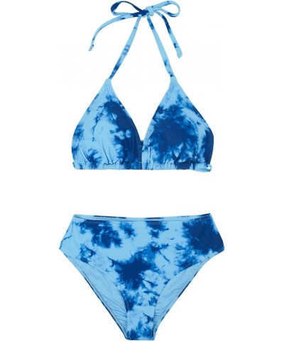 Women's Two Piece High Waisted Halter Triangle Bikini Set Blue $19.37 Swimsuits