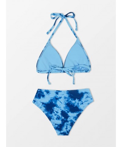 Women's Two Piece High Waisted Halter Triangle Bikini Set Blue $19.37 Swimsuits