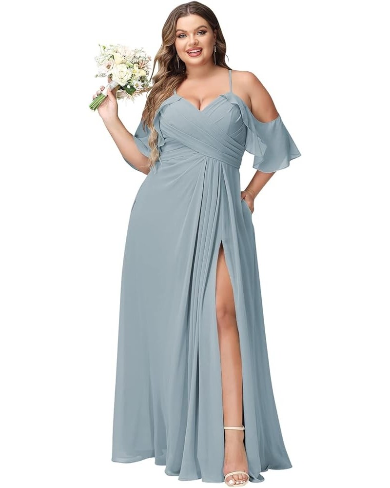 Women's Plus Size Bridesmaid Dresses with Pockets Cold Shoulder Pleated Long Formal Party Dress with Slit YMS221 Dusty Blue $...