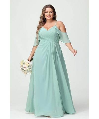 Women's Plus Size Bridesmaid Dresses with Pockets Cold Shoulder Pleated Long Formal Party Dress with Slit YMS221 Dusty Blue $...