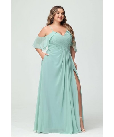 Women's Plus Size Bridesmaid Dresses with Pockets Cold Shoulder Pleated Long Formal Party Dress with Slit YMS221 Dusty Blue $...