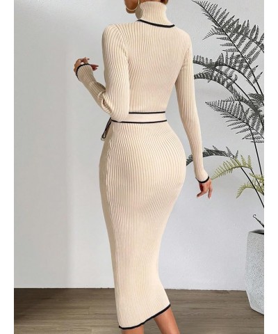 Women's Elegant Striped Turtleneck Long Sleeve Belted Bodycon Midi Sweater Dress Apricot $24.75 Sweaters