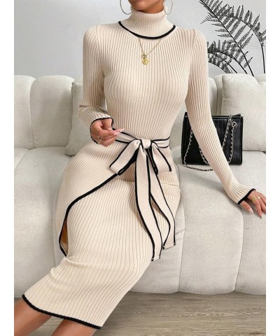 Women's Elegant Striped Turtleneck Long Sleeve Belted Bodycon Midi Sweater Dress Apricot $24.75 Sweaters