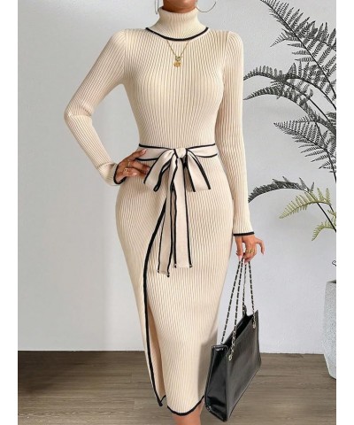 Women's Elegant Striped Turtleneck Long Sleeve Belted Bodycon Midi Sweater Dress Apricot $24.75 Sweaters