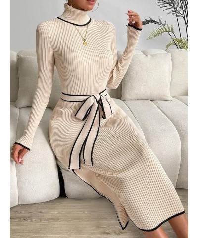 Women's Elegant Striped Turtleneck Long Sleeve Belted Bodycon Midi Sweater Dress Apricot $24.75 Sweaters