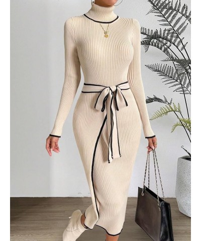 Women's Elegant Striped Turtleneck Long Sleeve Belted Bodycon Midi Sweater Dress Apricot $24.75 Sweaters