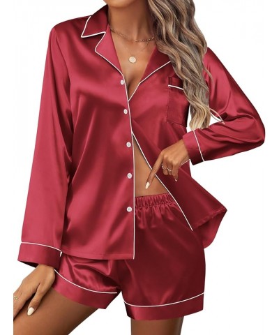 Silk Pajamas Womens Long Sleeve Sleepwear Soft Satin Button Down Loungewear 2 Piece Pjs Shorts Set S-XXL Wine Red $15.18 Slee...