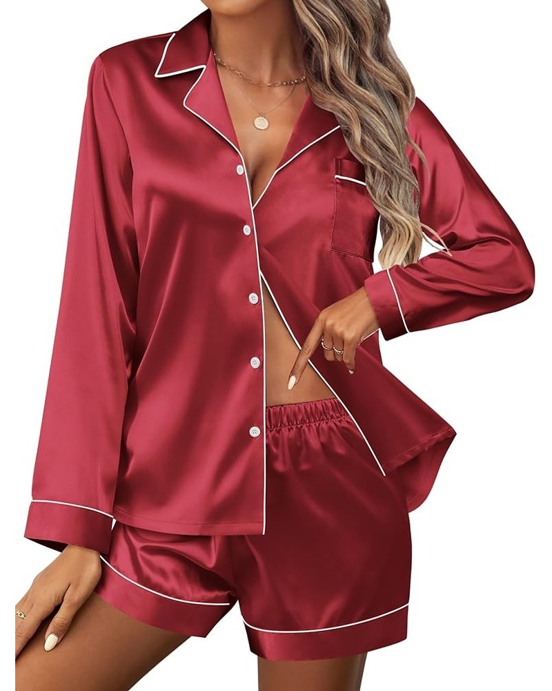 Silk Pajamas Womens Long Sleeve Sleepwear Soft Satin Button Down Loungewear 2 Piece Pjs Shorts Set S-XXL Wine Red $15.18 Slee...