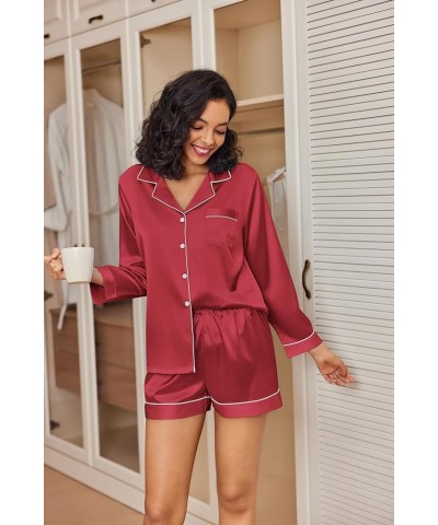 Silk Pajamas Womens Long Sleeve Sleepwear Soft Satin Button Down Loungewear 2 Piece Pjs Shorts Set S-XXL Wine Red $15.18 Slee...