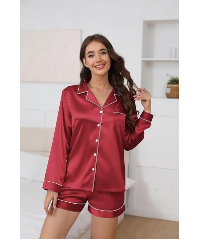 Silk Pajamas Womens Long Sleeve Sleepwear Soft Satin Button Down Loungewear 2 Piece Pjs Shorts Set S-XXL Wine Red $15.18 Slee...