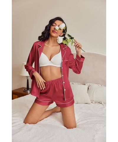 Silk Pajamas Womens Long Sleeve Sleepwear Soft Satin Button Down Loungewear 2 Piece Pjs Shorts Set S-XXL Wine Red $15.18 Slee...