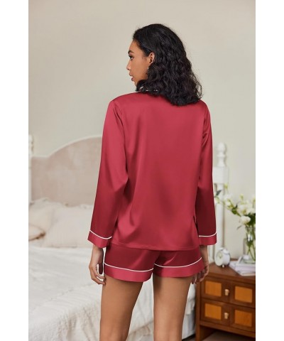 Silk Pajamas Womens Long Sleeve Sleepwear Soft Satin Button Down Loungewear 2 Piece Pjs Shorts Set S-XXL Wine Red $15.18 Slee...