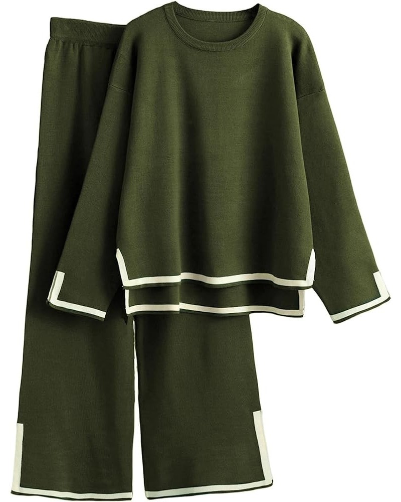 Womens Knit 2 Piece Outfits Sweater Sets Long Sleeve Pullover Tops Wide Leg Pants Casual Matching Lounge Set Green $15.11 Act...