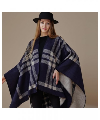 Women's Open Front Oversized Shawl Cardigan Fashionable Elegant Knitted Plaid Sweater Scarf Coat Blanket Blue $13.63 Sweaters