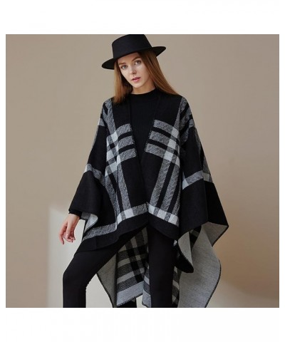 Women's Open Front Oversized Shawl Cardigan Fashionable Elegant Knitted Plaid Sweater Scarf Coat Blanket Blue $13.63 Sweaters