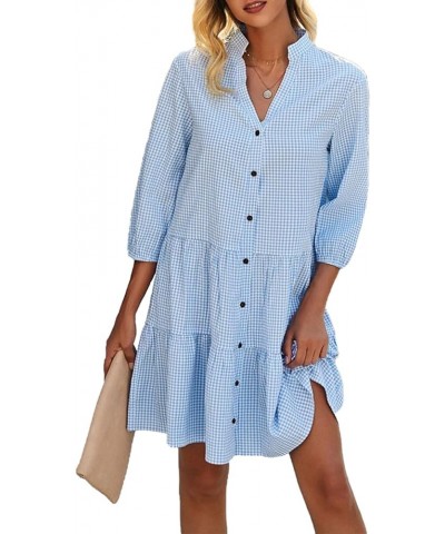 Women's Plaid Print Shirt Dresses Button Up Split Neck Tunic Dress Blue $23.39 Swimsuits