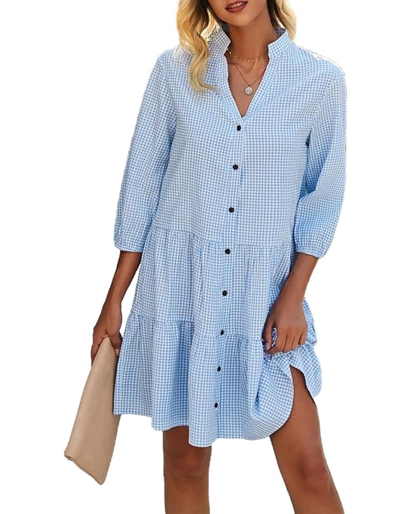 Women's Plaid Print Shirt Dresses Button Up Split Neck Tunic Dress Blue $23.39 Swimsuits