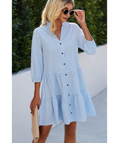 Women's Plaid Print Shirt Dresses Button Up Split Neck Tunic Dress Blue $23.39 Swimsuits