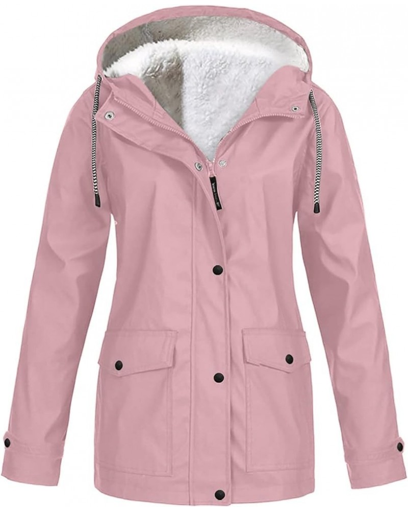 Women's Fleece Lined Raincoat Windproof Outdoor Hooded Winter Coats Lightweight Casual Plus Size Rain Jacket Parka Pink $9.45...