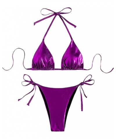 Women's Sexy Two Piece Swimsuit Metallic Bikini High Waisted Halter Bathing Suit for Women Purple $17.66 Swimsuits