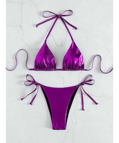 Women's Sexy Two Piece Swimsuit Metallic Bikini High Waisted Halter Bathing Suit for Women Purple $17.66 Swimsuits