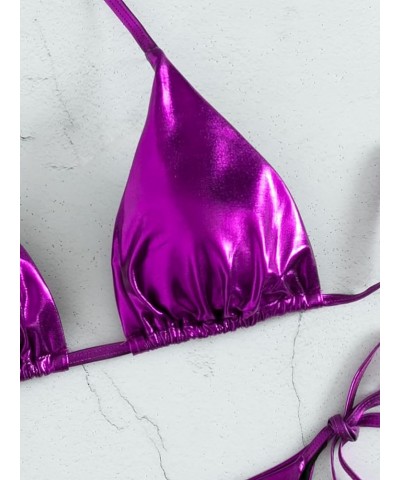 Women's Sexy Two Piece Swimsuit Metallic Bikini High Waisted Halter Bathing Suit for Women Purple $17.66 Swimsuits